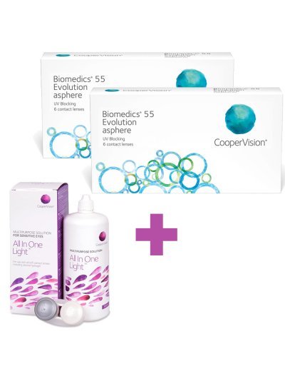 (2 Packs - 12 Lenses) Biomedics 55 Evolution + Solution Cooper Vision All In One Light 360 ml