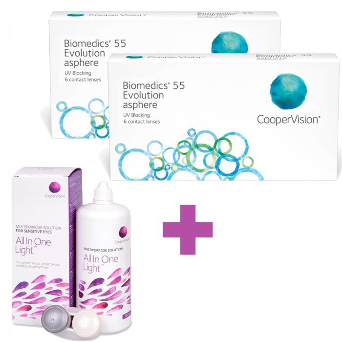 (2 Packs - 12 Lenses) Biomedics 55 Evolution + Solution Cooper Vision All In One Light 360 ml